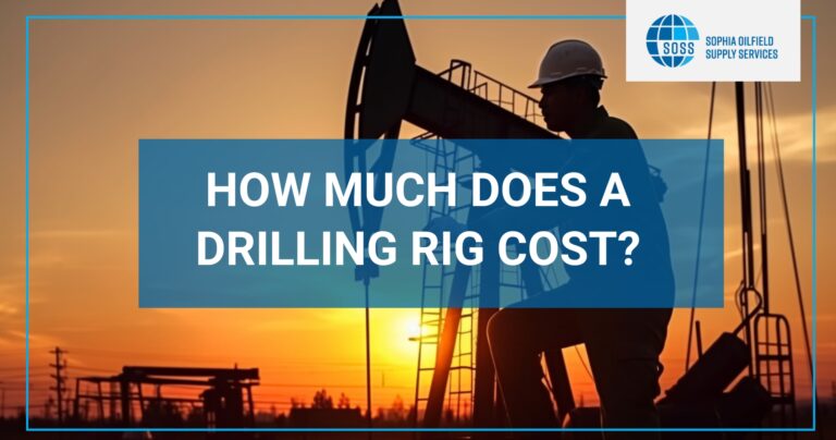 An image featuring a silhouette of a worker in a hard hat at a drilling rig during sunset. The worker is inspecting the rig, which is highlighted against a vibrant orange sky. The image includes a prominent caption 'HOW MUCH DOES A DRILLING RIG COST?' in bold, blue text, accompanied by the logo of Sophia Oilfield Supply Services (SOSS) in the upper right corner, aiming to attract viewers interested in the costs associated with oilfield equipment.