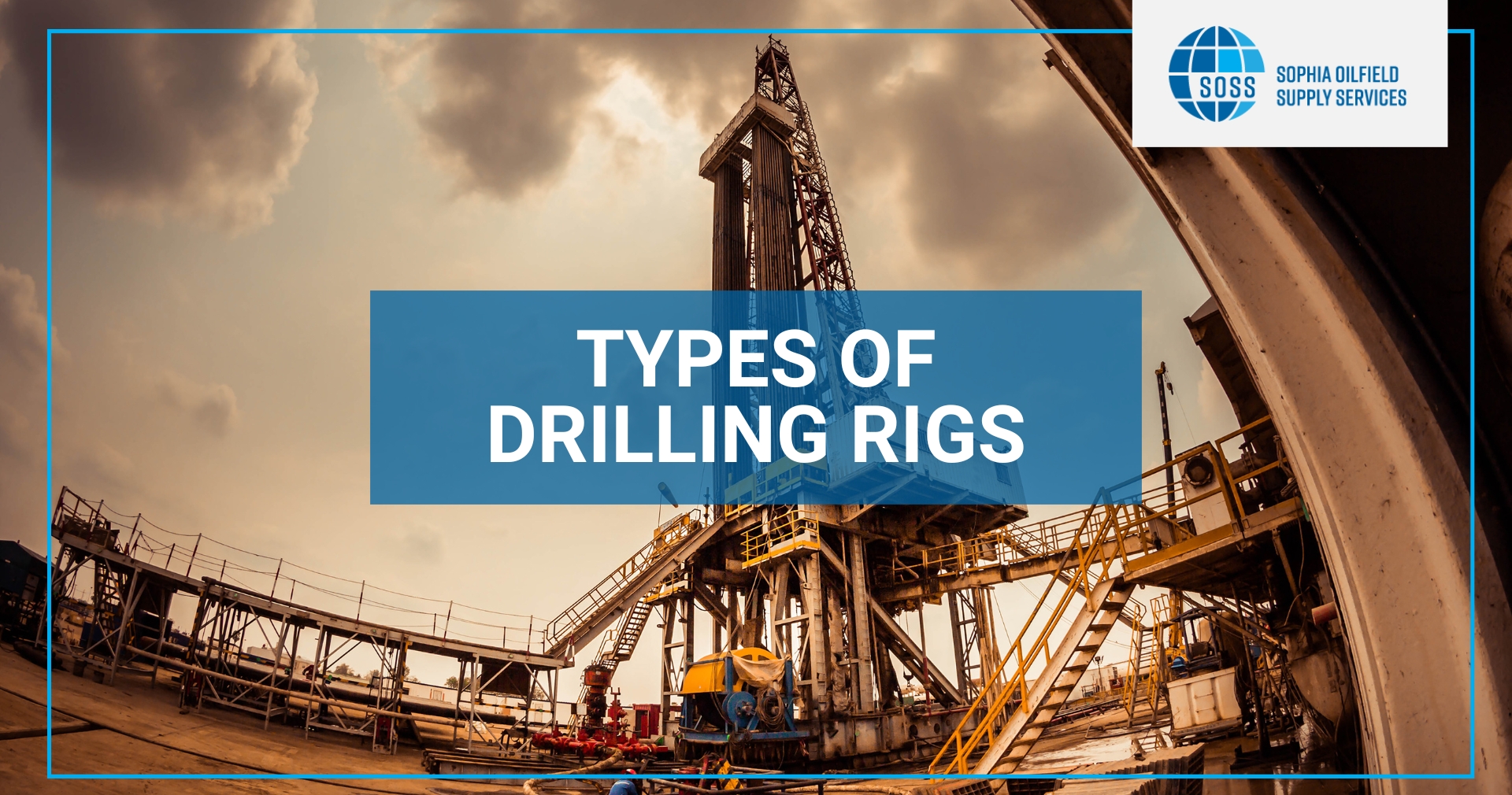 A large oil drilling rig stands under a cloudy sky, with industrial structures and equipment surrounding the rig, framed with the title "Types of Drilling Rigs" in bold letters.